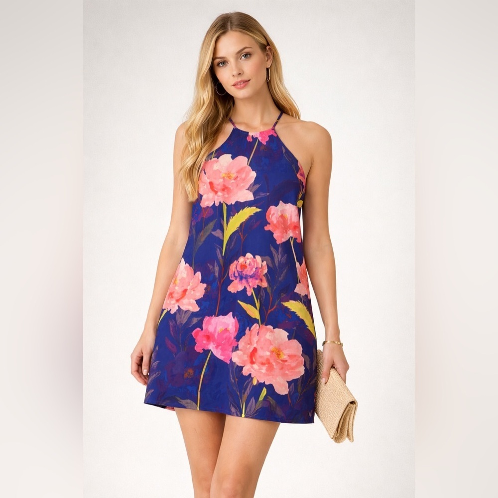 Everly Floral Halter Dress Blue Pink Size S Sleeveless Mini Dress
